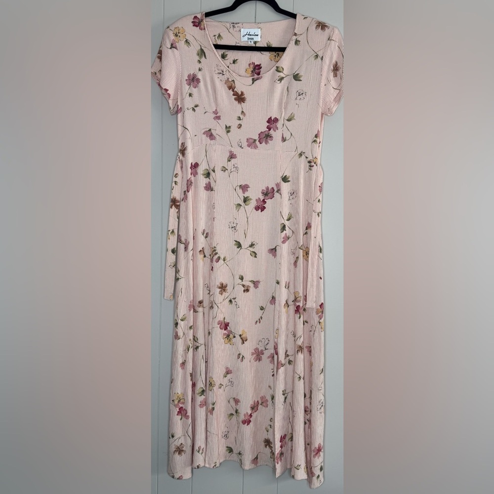 Harlow VTG Gingham Floral Short Sleeve Crepe Midi Dress Womens Size 6